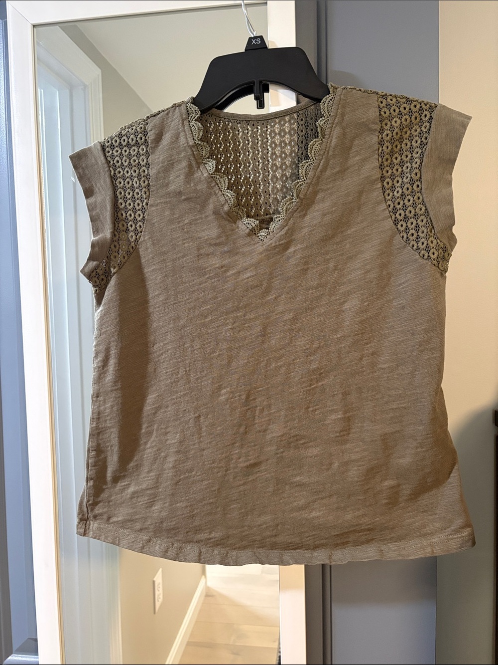 Women's Taupe Lace-Trim V-Neck Top